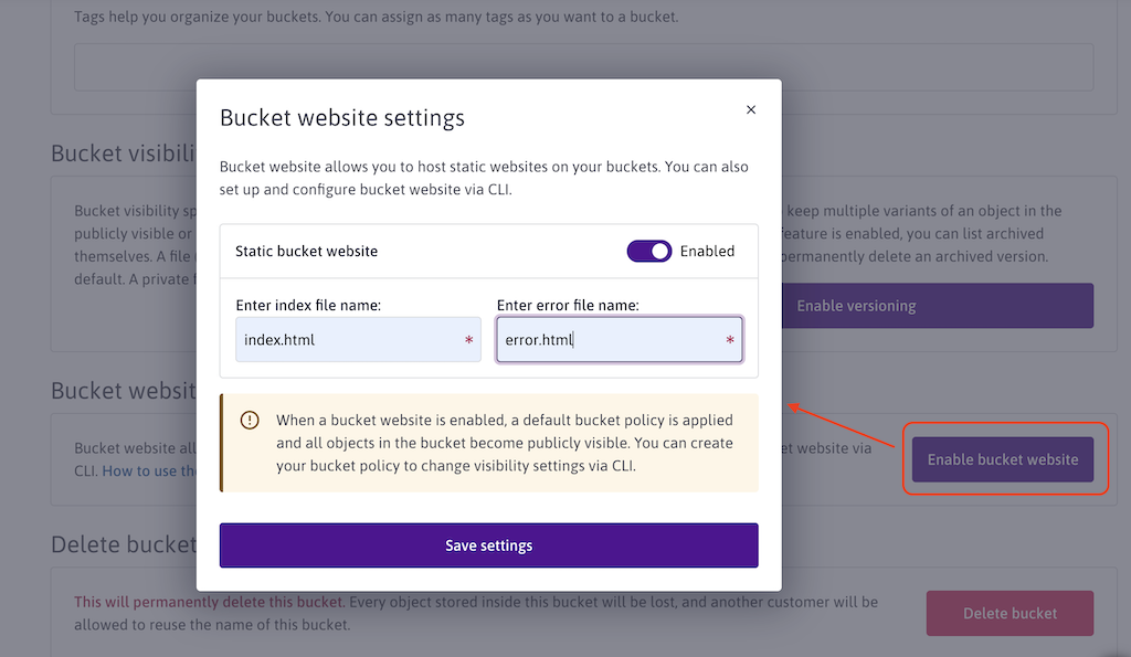 Enable website on bucket scw
