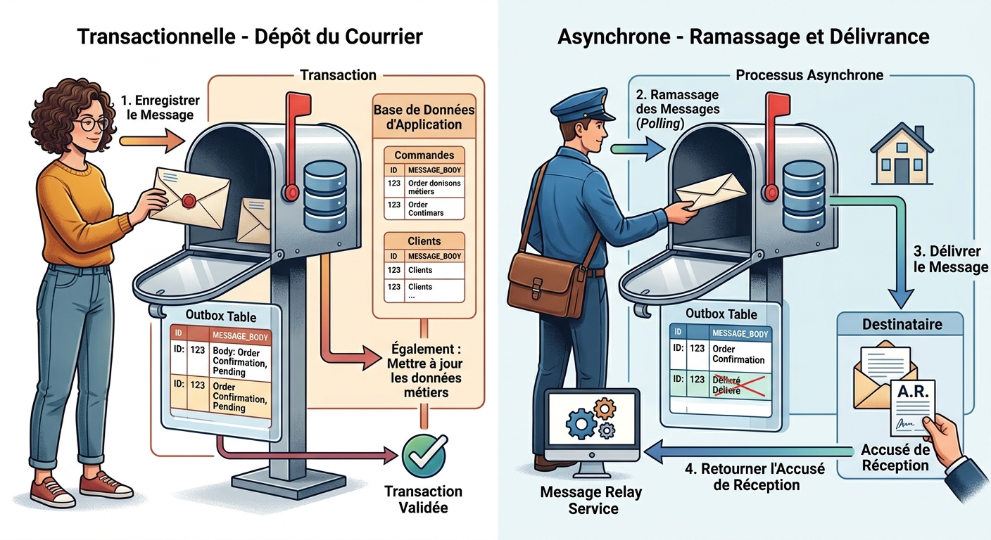 Une table outbox Postgres et son relay qui publie vers RabbitMQ